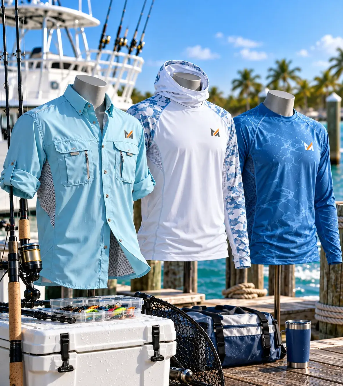 Performance fishing shirts displayed on mannequins at a marina, featuring breathable button-down, hooded sun protection, and long-sleeve designs with Mega Apparel branding, surrounded by fishing rods, tackle gear, cooler, and waterfront equipment.